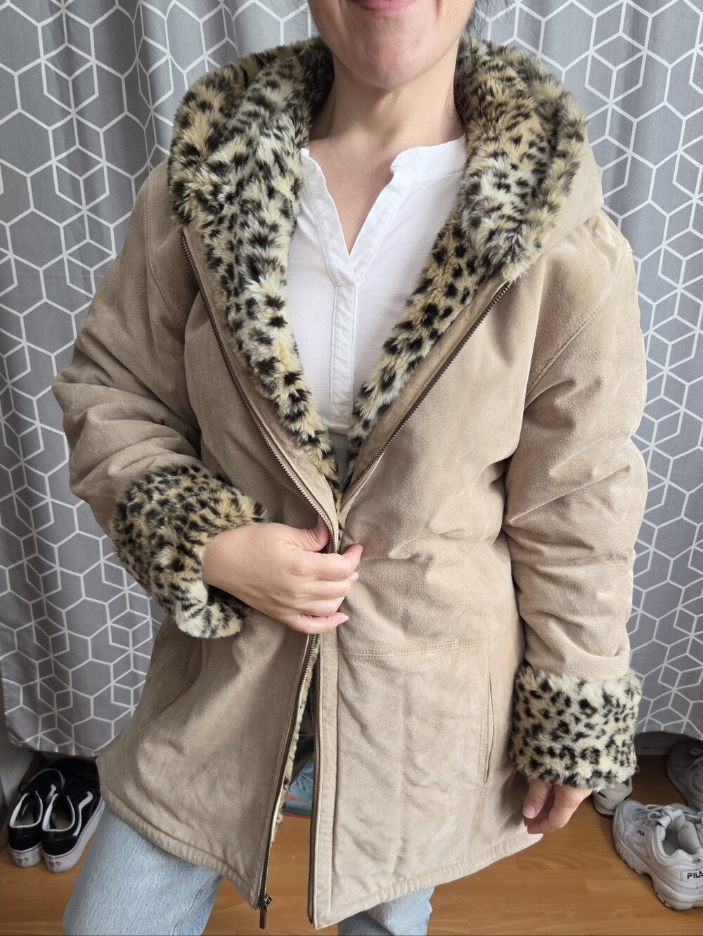 St.John's Bay Beige Genuine Leather Suede Hooded Coat